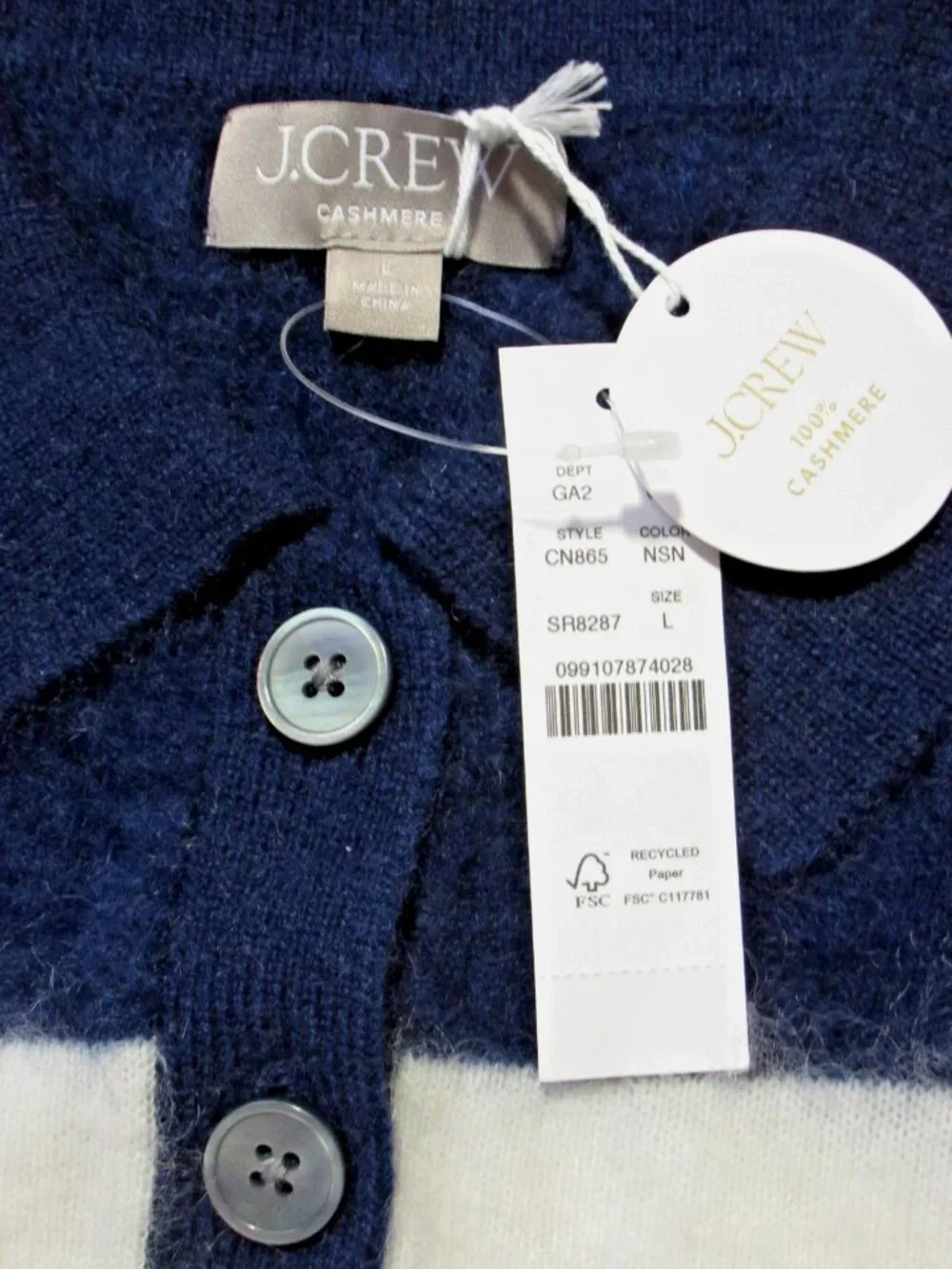 NWT J.Crew Brushed Cashmere Rugby Sweater in  Navy Snow Stripe Henley Polo L
